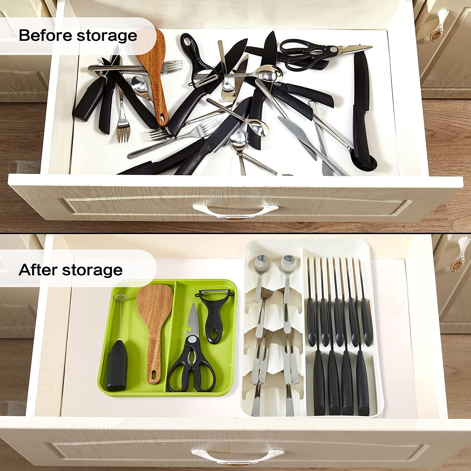 StorageMart 2 Layer Knife With Spoon Holder Kitchen Drawer Organizer |39.5 x 24 x 8 CM | Plastic | White - StorageMart
