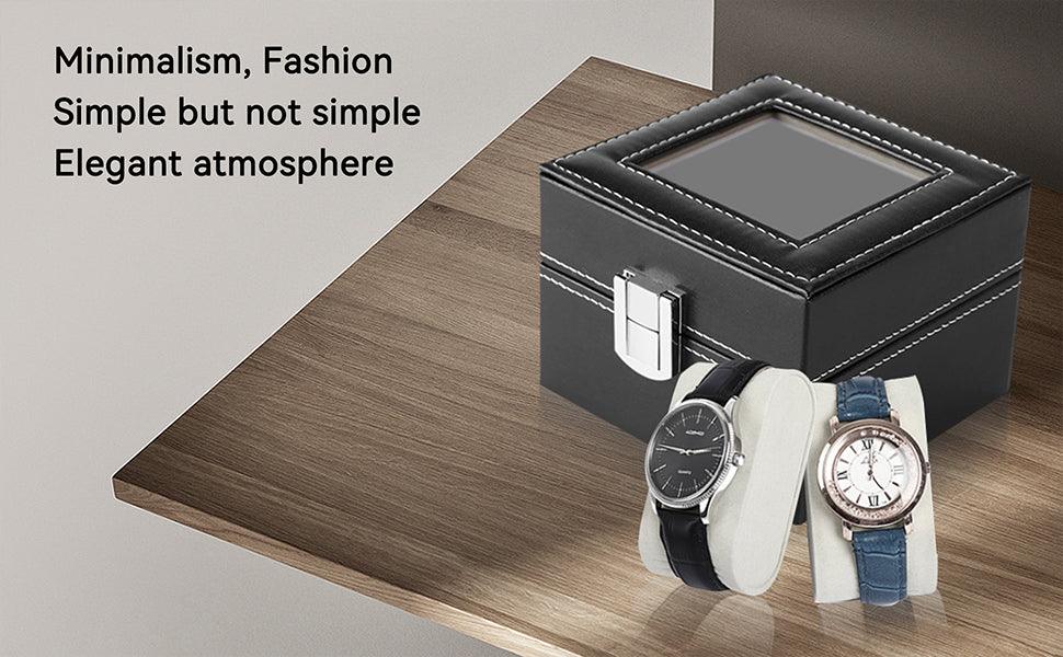 StorageMart 2 Slot watch storage box | Watch display box with glass cover for men & women | PU Leather | 11 x 11 x 8 CM | Black - StorageMart