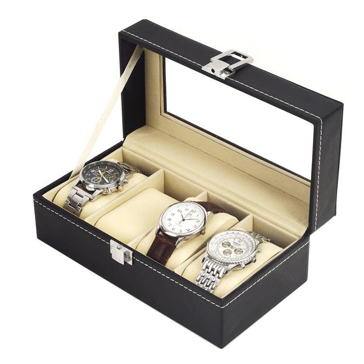 StorageMart 4 Slot watch storage box | Watch display box with glass cover for men & women | PU Leather | 20 x 11 x 8 CM | Black - StorageMart