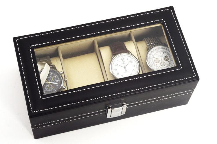 StorageMart 4 Slot watch storage box | Watch display box with glass cover for men & women | PU Leather | 20 x 11 x 8 CM | Black - StorageMart