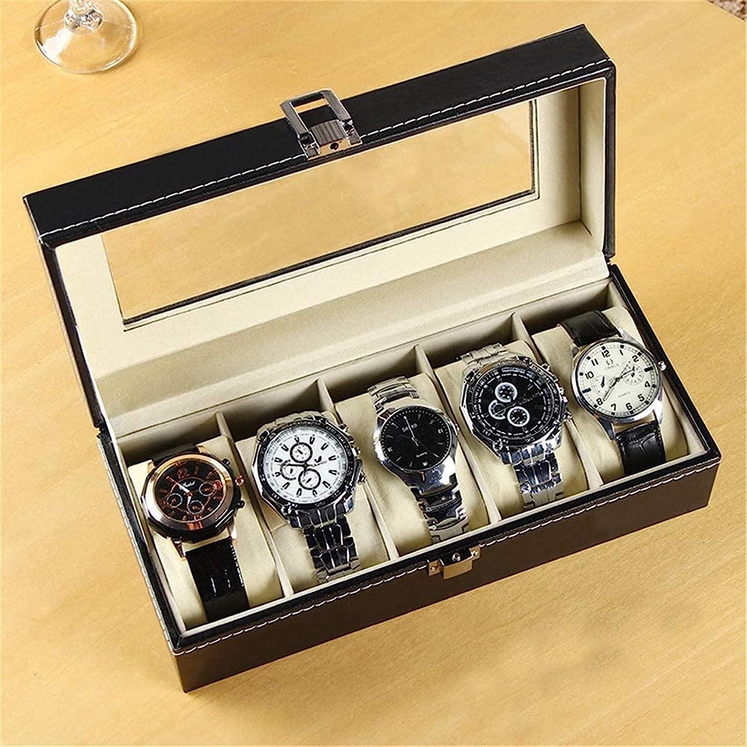 StorageMart 5 Slot watch storage box | Watch display box with glass cover for men & women | PU Leather | 25 x 11 x 8 CM | Black - StorageMart