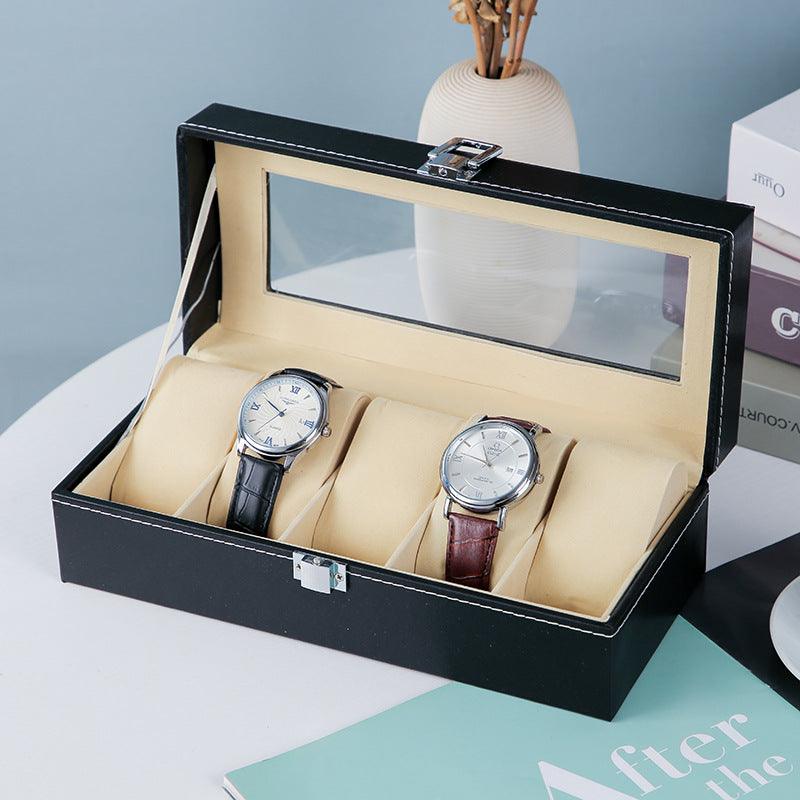 StorageMart 5 Slot watch storage box | Watch display box with glass cover for men & women | PU Leather | 25 x 11 x 8 CM | Black - StorageMart